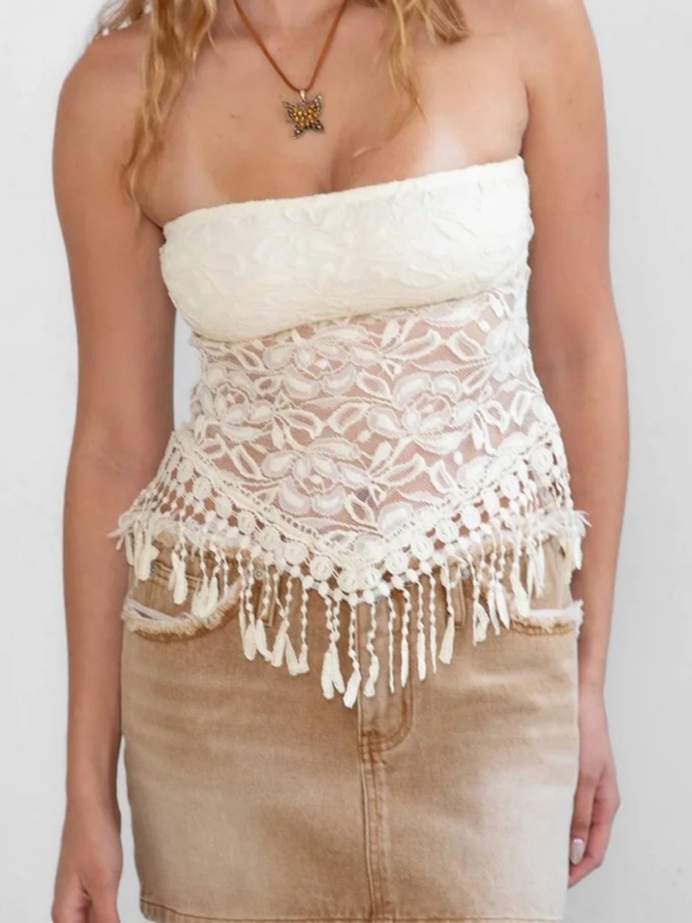 Cream Lace Crochet Fringe Tube Top